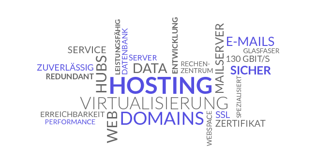 Hosting,Domains,E-Mails,Webspace,Datenbank,Web,Mailserver,SSL-Zertifikate,Service,zuverlässig,spezialisiert,unkompliziert,Virtualisierung,Entwicklung,Server,sicher,leistungsfähig,Hochleistungs-Rechenzentren,redundant,Glasfaser,Hubs,130 GigaBit/Sekunde,sehr hohe Erreichbarkeit,Daten
