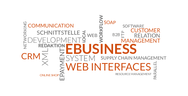 eBusiness & Web Interfaces,eBusiness,Web Interfaces,Communication,Development,Networking,B2B,Resource Management,Online Shop,Redaktion,Bonussystem,ePayment,Supply Chain Management,CRM,Customer Relation Management,Workflow Management,SOAP,XML,Web,FTP